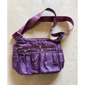 Purple Nylon Multi Pocket Crossbody Bag Adjustable Strap Travel Messenger Purse